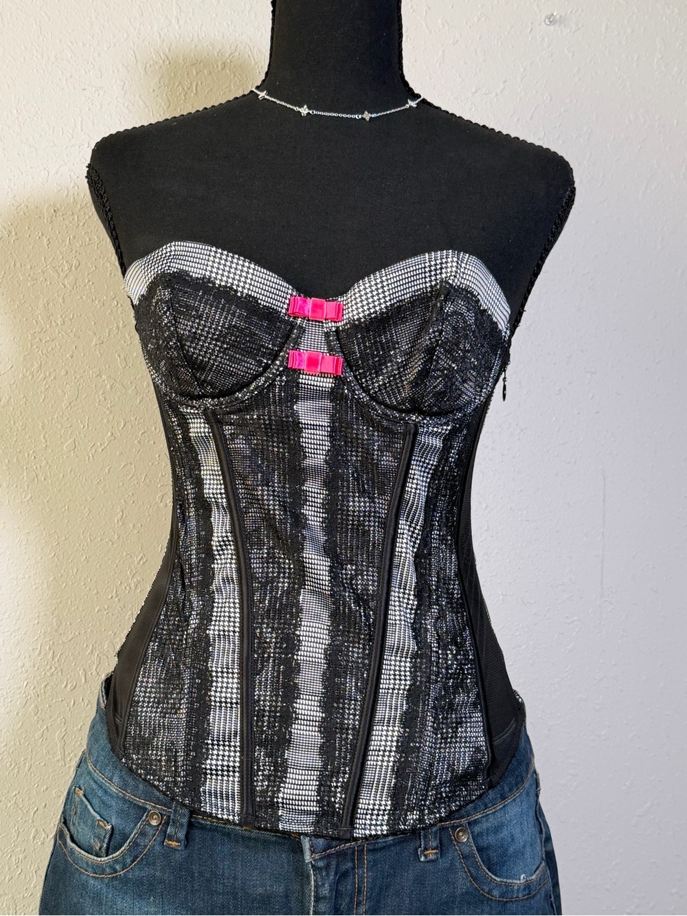 Victoria's Secret Black and White Lace Bustier with Pink Accent